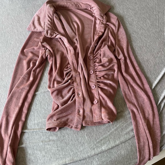 SAFRISIOR Tops - Shimmer Ruched Button Down Shirt